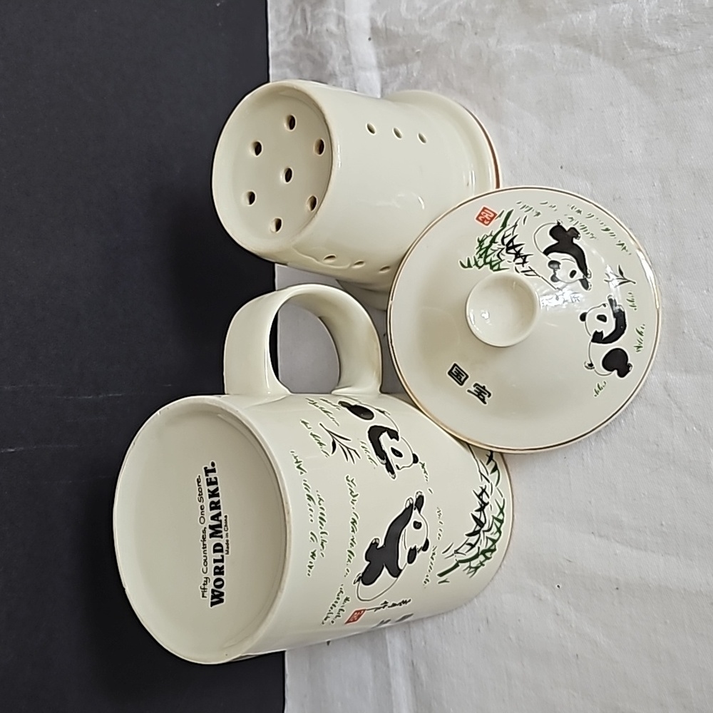 World Market Tea Mug 3 Piece Panda Bear Infuser Lidded Cup - Picture 3 of 4